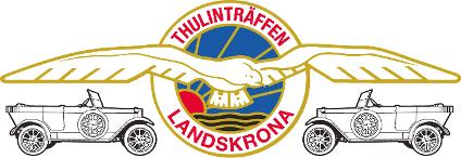 Två Thulinbilar kylare mot kylare och över dessa en fågel som brer ut sina vingar över bilarna och i en rund ring står det Landskrona och Thulinträffen